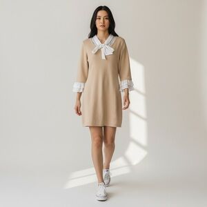 Hailey Lyn Knit Bow Collar Dress Ruffle Cuff Long Sleeve Beige M